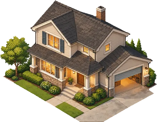 A family house with an open garage.